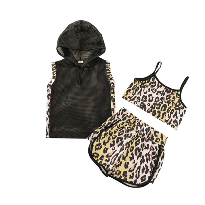 Leopard Camisole Mesh Tank Top and Shorts Set (Black or Pink)