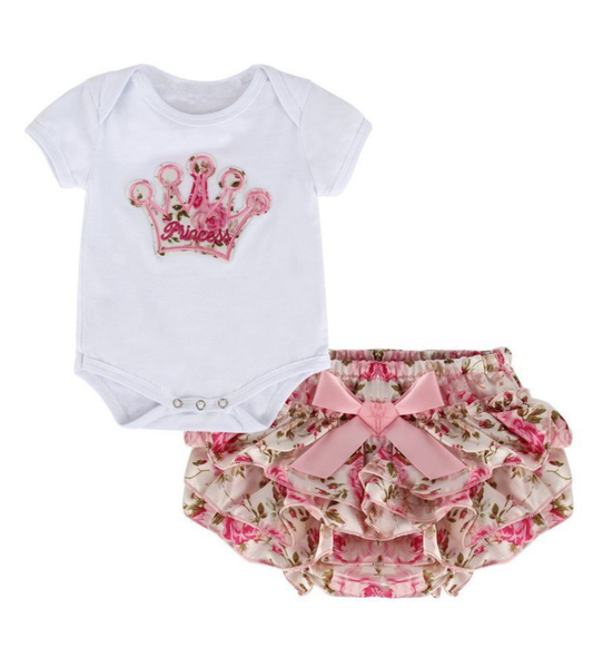 Princess Short Sleeve Bodysuit and Floral Ruffled Shorts Set