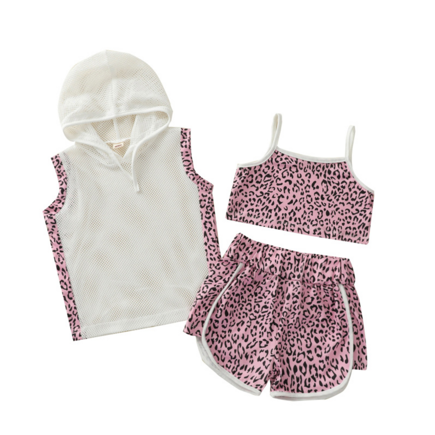 Leopard Camisole Mesh Tank Top and Shorts Set (Black or Pink)