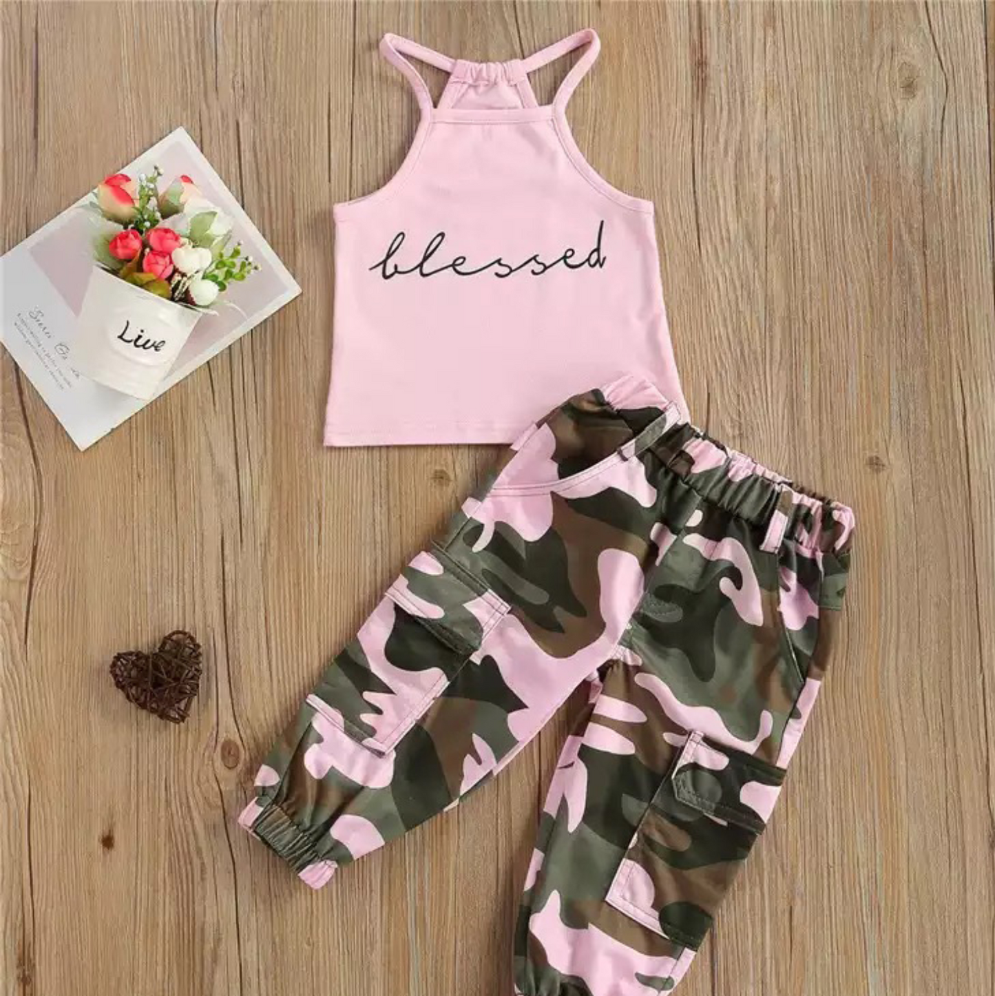 Truly Blessed, Pink Halter Top Camisole and Camouflage Pants Set