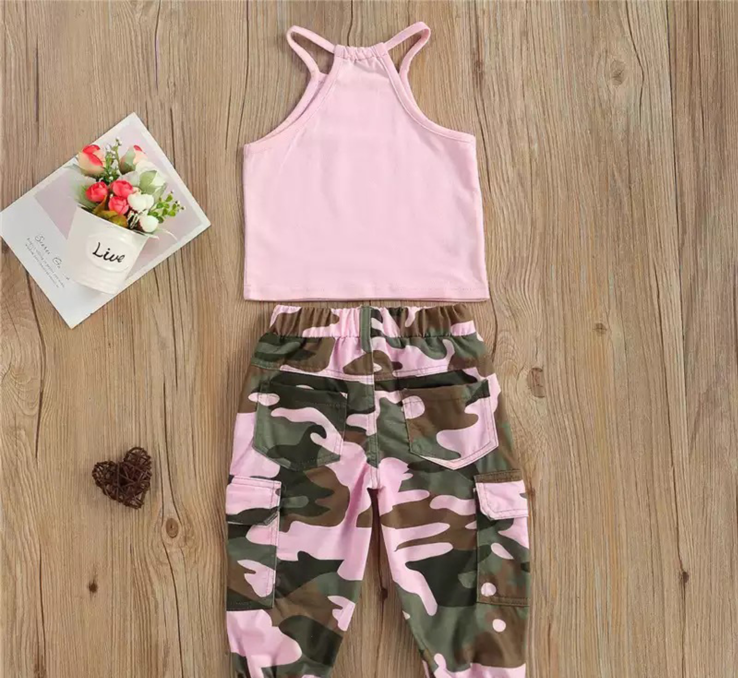 Truly Blessed, Pink Halter Top Camisole and Camouflage Pants Set